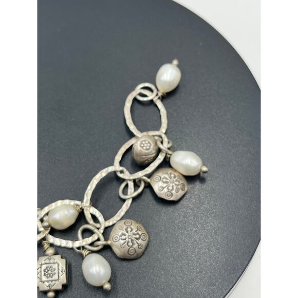 Artisan Sterling Silver White Freshwater Pearl Ladybug Link Charm Bracelet - Picture 12 of 13